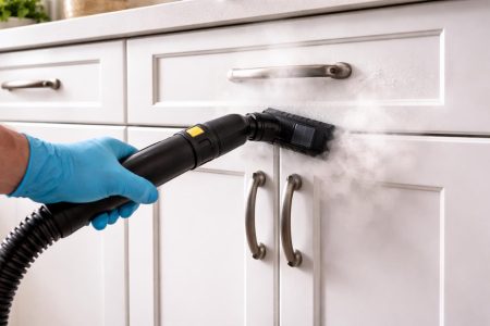 Cleaning white kitchen cabinets with steam